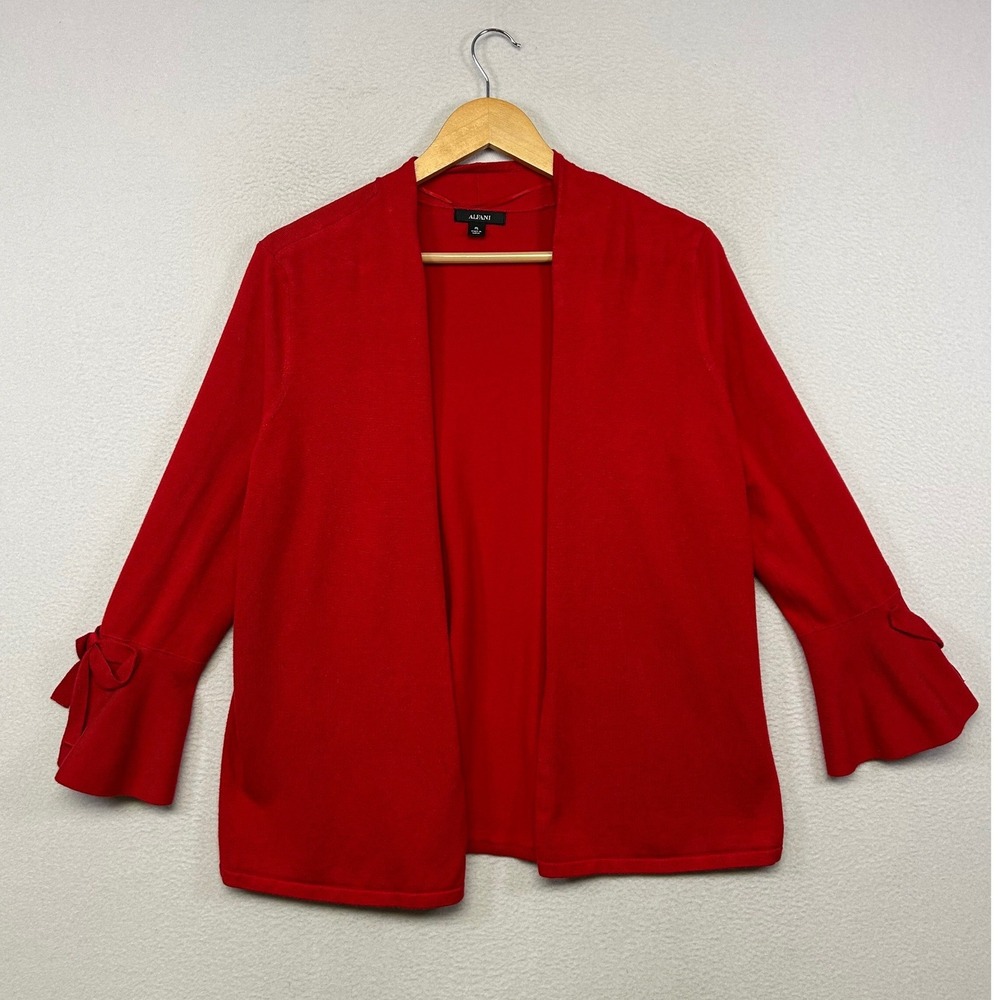 Career Officecore Alfani Womens PL Red Bell Sleeve Bow Open Front Cardigan